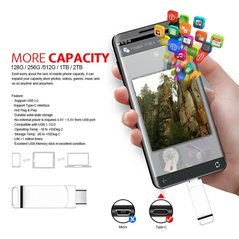 Xiaomi 2TB U Disk 1TB 16TB Pen Drive USB 3.0 Type-C Interface Mobile Phone Computer Mutual Transmission Portable USB Memory