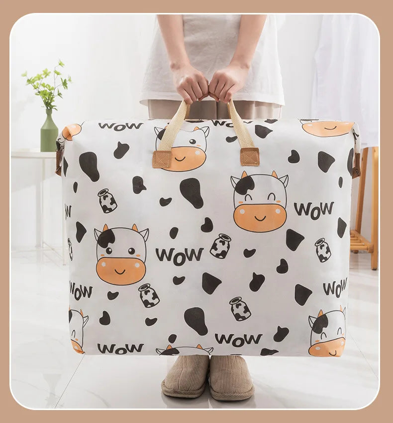 1pc Print Zipper Quilt Storage Bag Zipper Large Capacity Packing Bag Double Handle Moisture-proof Clothes Quilt Storage Bag