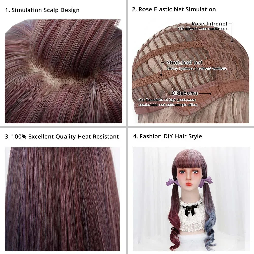 28''Synthetic Long Wavy Lolita Wigs With Bangs Purple Blue Ombre Custom Party Cosplay Wigs For Black/White Women Heat Resistant
