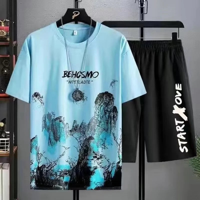 Tshirt Casual Ice Silk Gradient Short Men Sleeve T-shirt Shorts Set Men's Summer Sporty Two-piece Outfit Stylish Male Clothing
