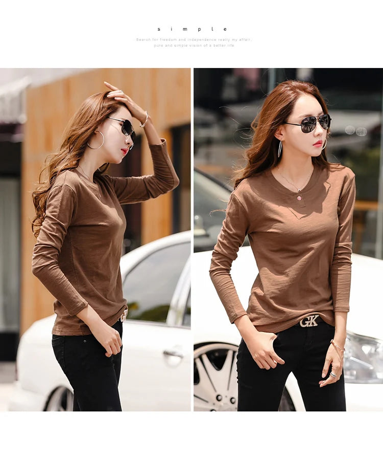 2024 Long Sleeve Spring Women Slub Cotton T Shirts Female Button Green V-Neck Solid Color T-shirt Coffee Korean Soft Loose Tops