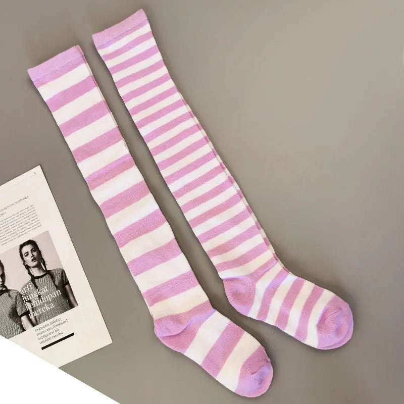Color Striped Stockings Japanese Over Knee Socks Fashion Women Keep Warm Soks Sexy Slim Long Soks Black White Striped Hosiery
