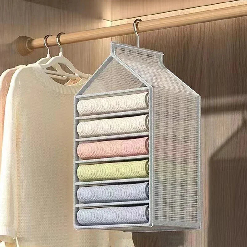 Home wardrobe storage, hanging bags, pants, layered hanging clothes, separated and organized items, fabric storage rack