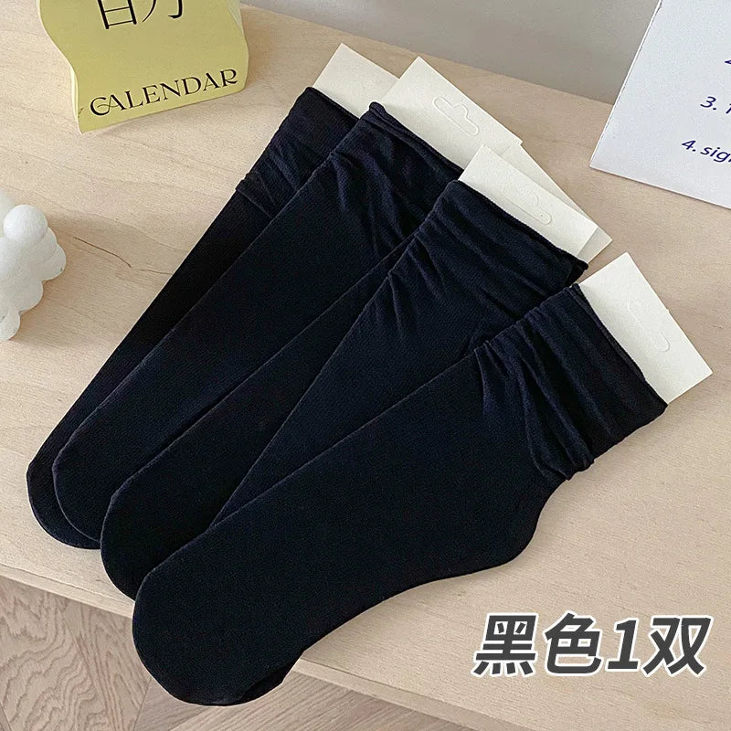 INS Women Girls Summer Thin Long Socks Ice Velvet Soft Breathable Pile of Socks Solid Black White Beige Harajuku High Tube Socks