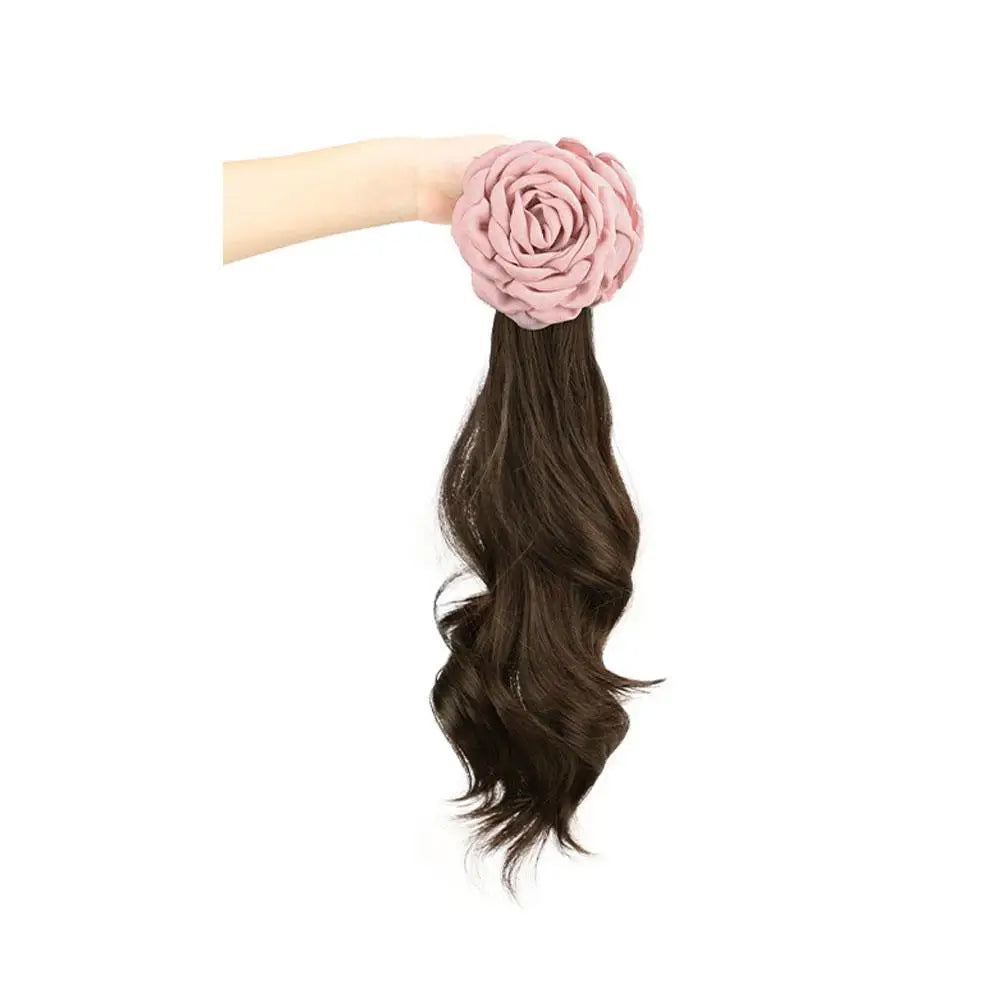 A Ponytail Wig For Women With Rose Hair Clips And High-temperature Silk Long Hair With Large Wave Ties And Ponytail Braids