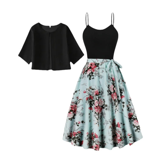 New Chinese style dress set for women's fashion, mid to long style, with a slimming and printed skirt