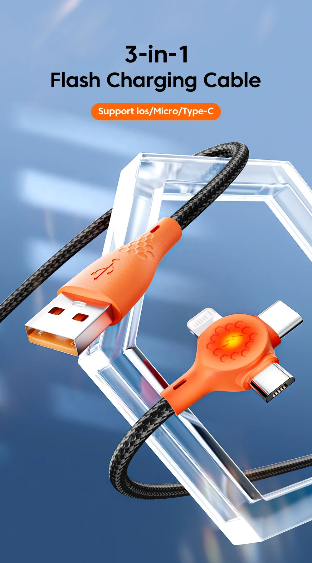 66W 3 in 1 Fast Charging Cable USB to Micro Type C IOS Cable For iPhone Xiaomi Huawei Mobile Phone Multi Charger Cable USB Cable
