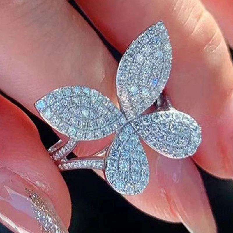 Huitan Bling Bling CZ Butterfly Rings for Women Silver Color Aesthetic Accessories Wedding Party Luxury Trendy Female Jewelry