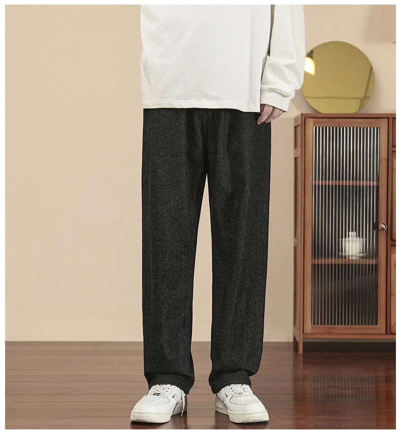 New Korean Fashion Men's Casual Ankle-Length Jeans Classic Man Straight Denim Wide-leg Pants Light Blue Grey Black 3XL