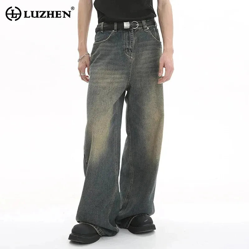 LUZHEN Old Male Pants Summer Blue Washed Men Denim Jeans Straight Casual Menwear Loose Wide Leg Trousers 2024 New Fashion 9C354