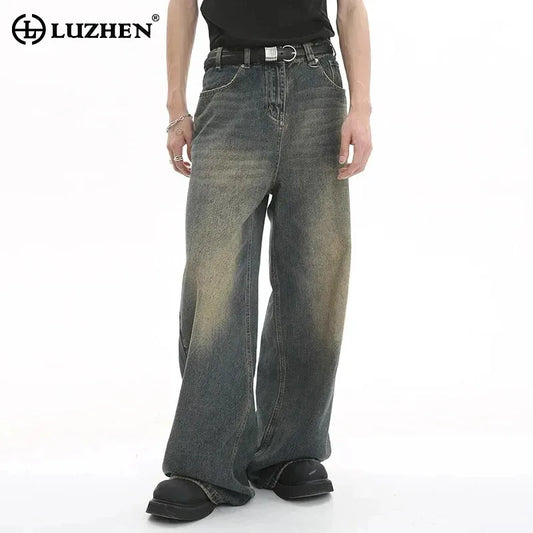 LUZHEN Old Male Pants Summer Blue Washed Men Denim Jeans Straight Casual Menwear Loose Wide Leg Trousers 2024 New Fashion 9C354