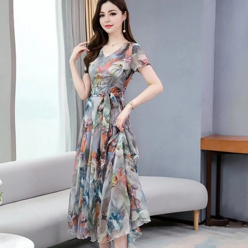Women Party Dress Elegant Floral Print Maxi Dress A-line Big Swing Summer Dresses Retro Ice Silk Pleated Prom Evening Dress