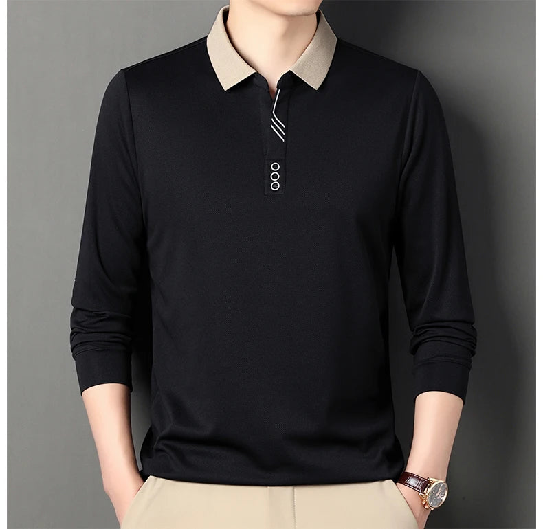 Autumn New Men's Long-sleeved Polo Shirt Business Casual Slim Elastic Top Fashion Classic Solid Color Male Brand Tees