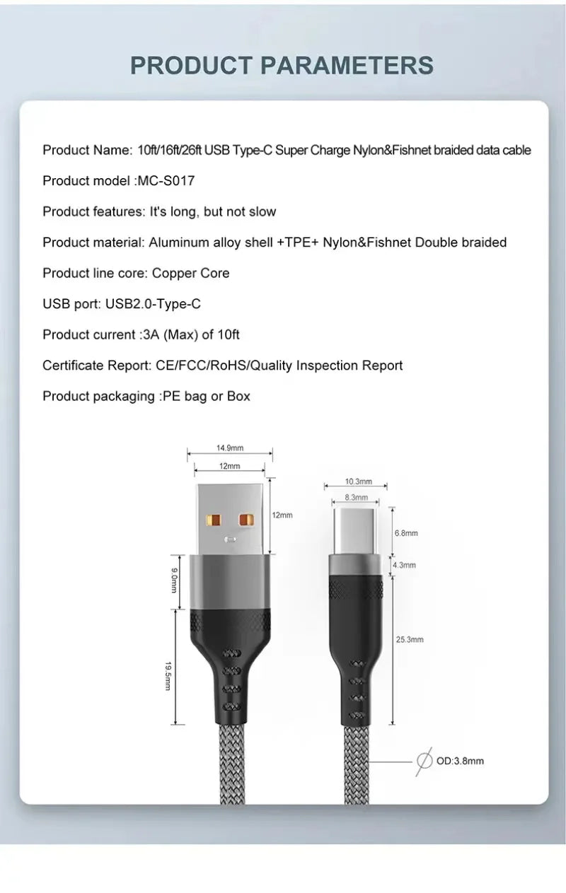 USB TYPE C/Micro USB Fast Charge Cable 3m 5m 8m USB C Android Extend Charging Cable for Huawei Samsung Xiaomi OPPO OnePlus Vivo