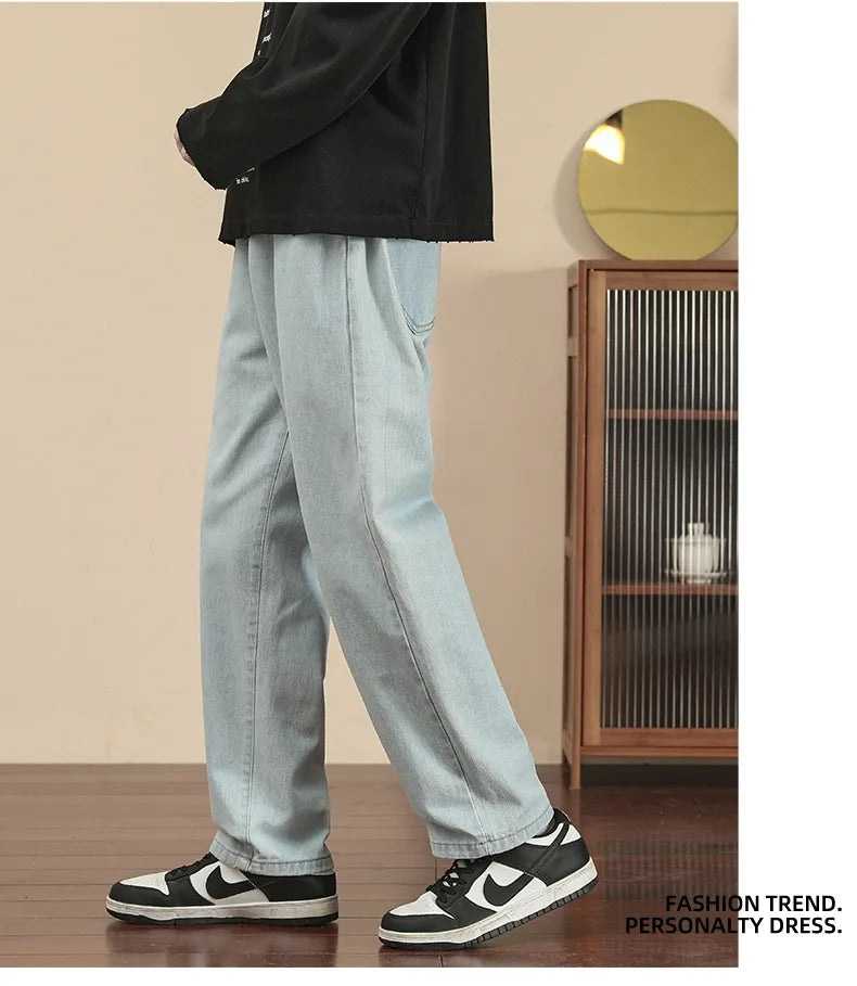 New Korean Fashion Men's Casual Ankle-Length Jeans Classic Man Straight Denim Wide-leg Pants Light Blue Grey Black 3XL