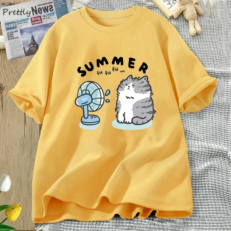 Summer Funny Cat and Fan Pattern T-shirt Women's Cotton Short Sleeved T-shirt Harajuku Clothing Women's Street Clothing Top