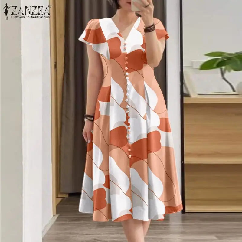 ZANZEA Summer Fashion Printed Dress Woman Short Sleeve V-Neck Robe Casual Holiday Sundress Female Elegant Slim Vestidos 2024