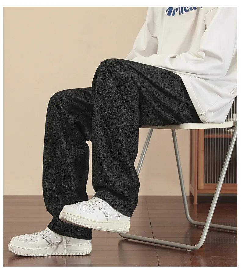 New Korean Fashion Men's Casual Ankle-Length Jeans Classic Man Straight Denim Wide-leg Pants Light Blue Grey Black 3XL