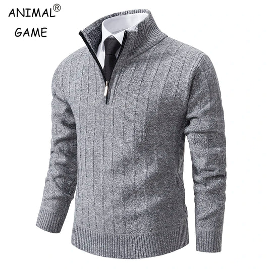 New Autumn and Winter Men's Half High Neck Sweater Hick Zipper Pullover Knit Shirt Slim Fit Solid Color Top for Men