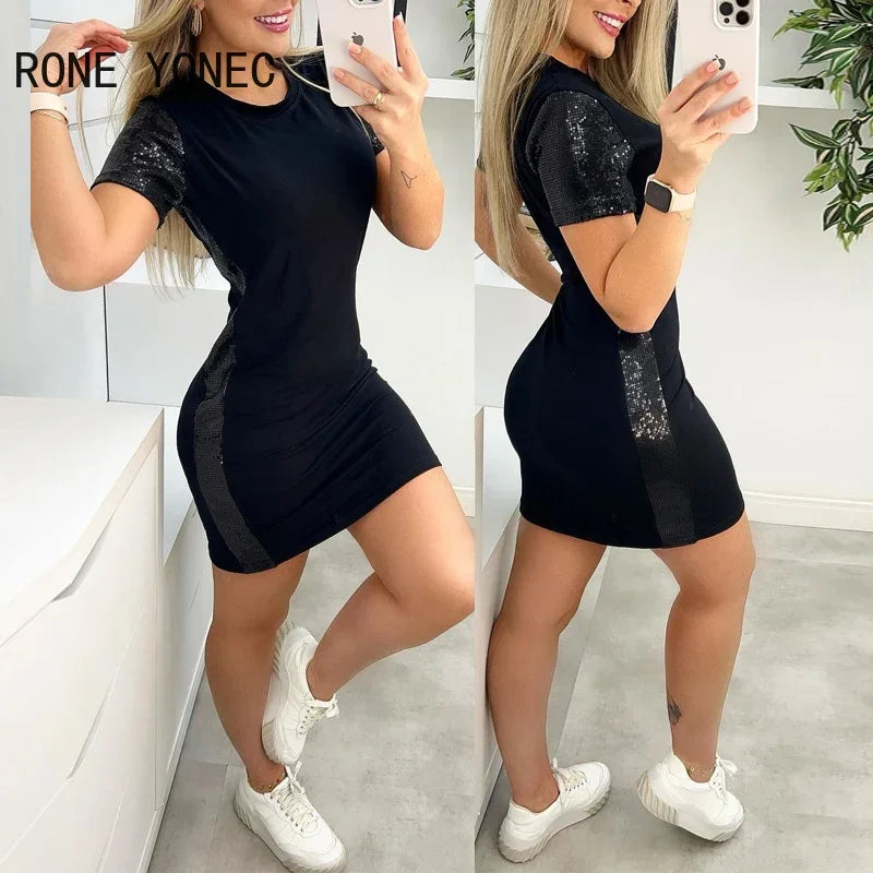 Women Elegant Chic Short Sleeves Sequins Patchwork Mini Sexy Casual Bodycon Black Dresses