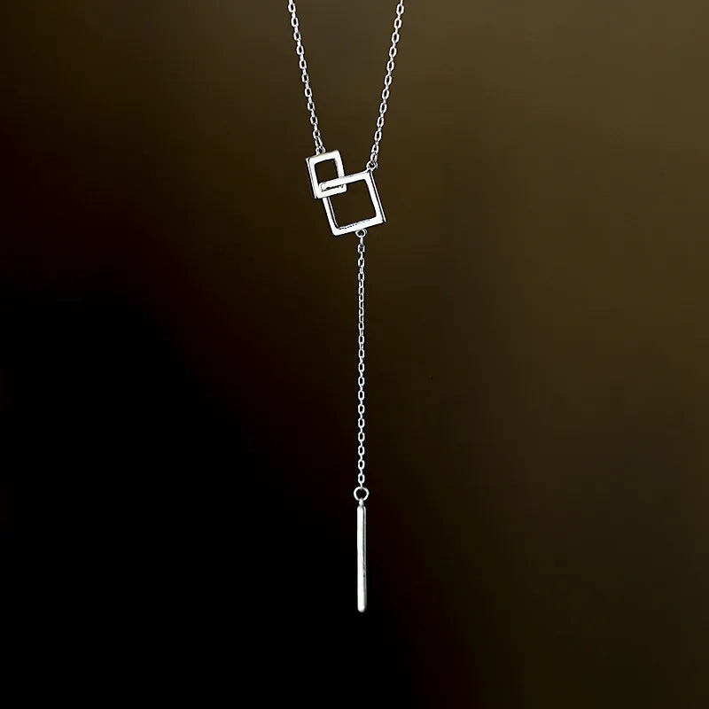 925 Sterling Silver Geometric Square Necklace with Straight Tassel Long Collar Chain Neckchain Sweater Chain Wedding Jewelry
