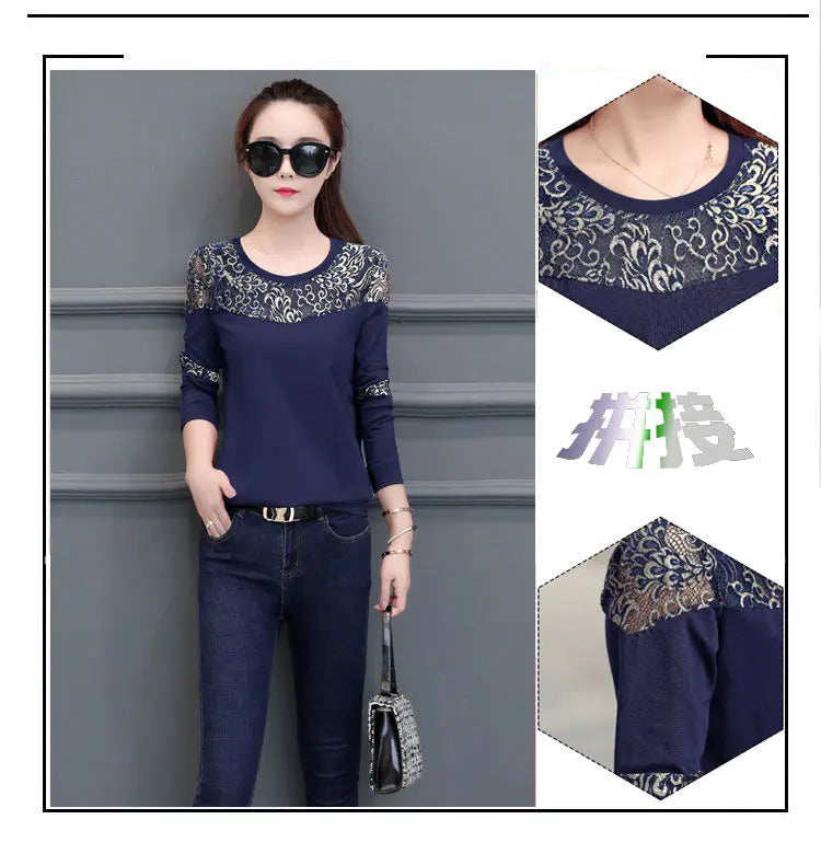 O-Neck Dark Blue Pure Cotton Long Sleeve Hollow Out Top Tee Gold Stripe Pattern Street Leisure Style White Plaid T-Shirts Ladies