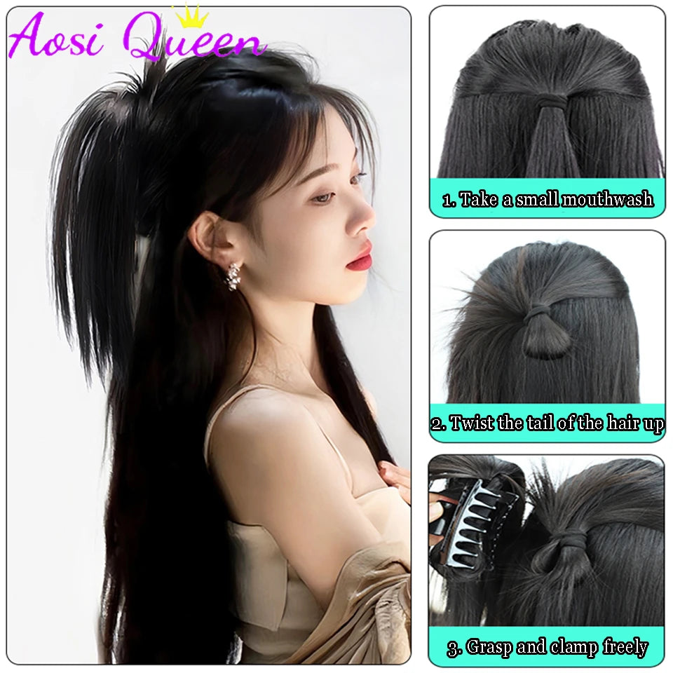 AOSI Synthetic Ponytail Wig Female Long Hair Waterfall Half Stuck High Horsetail Heightened Cranial Top Grasping Clip Wig