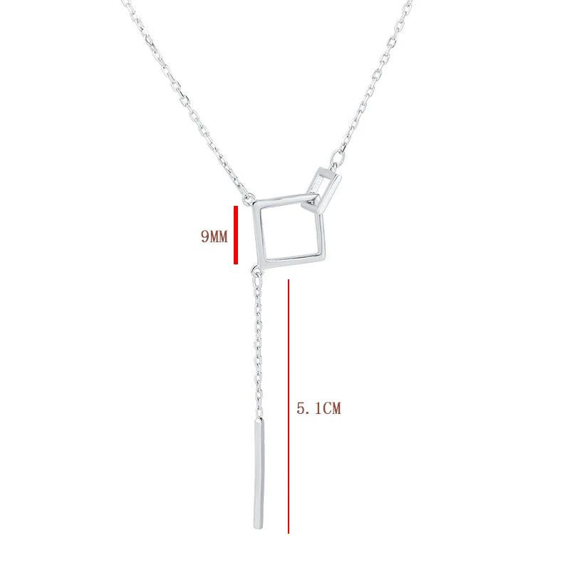925 Sterling Silver Geometric Square Necklace with Straight Tassel Long Collar Chain Neckchain Sweater Chain Wedding Jewelry