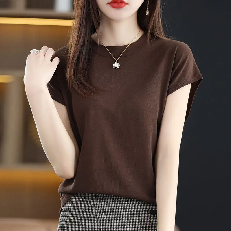 Fashion Solid Color Knitted Loose Korean T-Shirt Women's Clothing 2023 Spring New Casual Pullovers All-match Tee Shirt