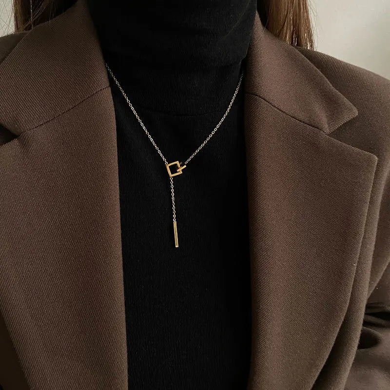 925 Sterling Silver Geometric Square Necklace with Straight Tassel Long Collar Chain Neckchain Sweater Chain Wedding Jewelry