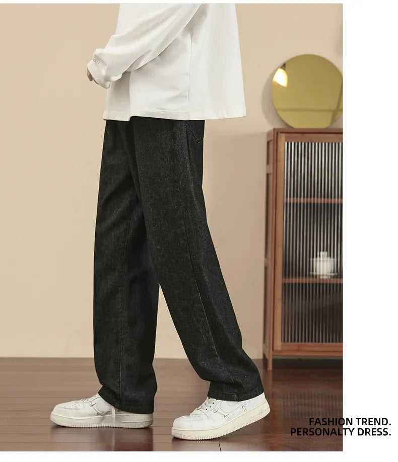 New Korean Fashion Men's Casual Ankle-Length Jeans Classic Man Straight Denim Wide-leg Pants Light Blue Grey Black 3XL