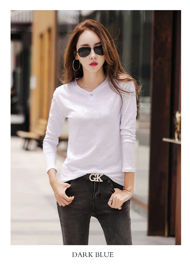 2024 Long Sleeve Spring Women Slub Cotton T Shirts Female Button Green V-Neck Solid Color T-shirt Coffee Korean Soft Loose Tops