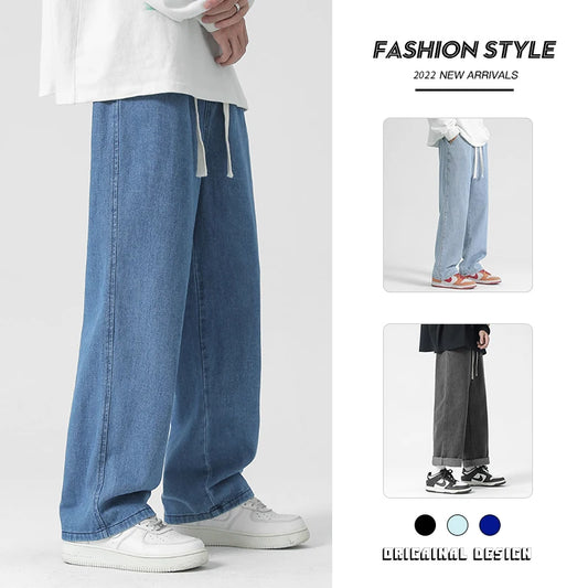Spring New Streetwear Baggy Jeans Men Korean Fashion Loose Straight Wide Leg Pants Male Brand Clothing Black Light Blue