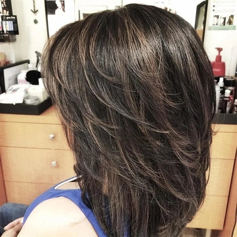 HAIRJOY Synthetic Hair Short Layered Wigs With Curtain Bangs Brown BOB Layered Wigs for Women  Pixie Cut Layered Wigs