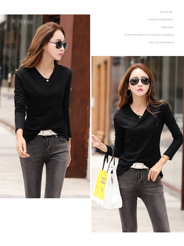 2024 Long Sleeve Spring Women Slub Cotton T Shirts Female Button Green V-Neck Solid Color T-shirt Coffee Korean Soft Loose Tops