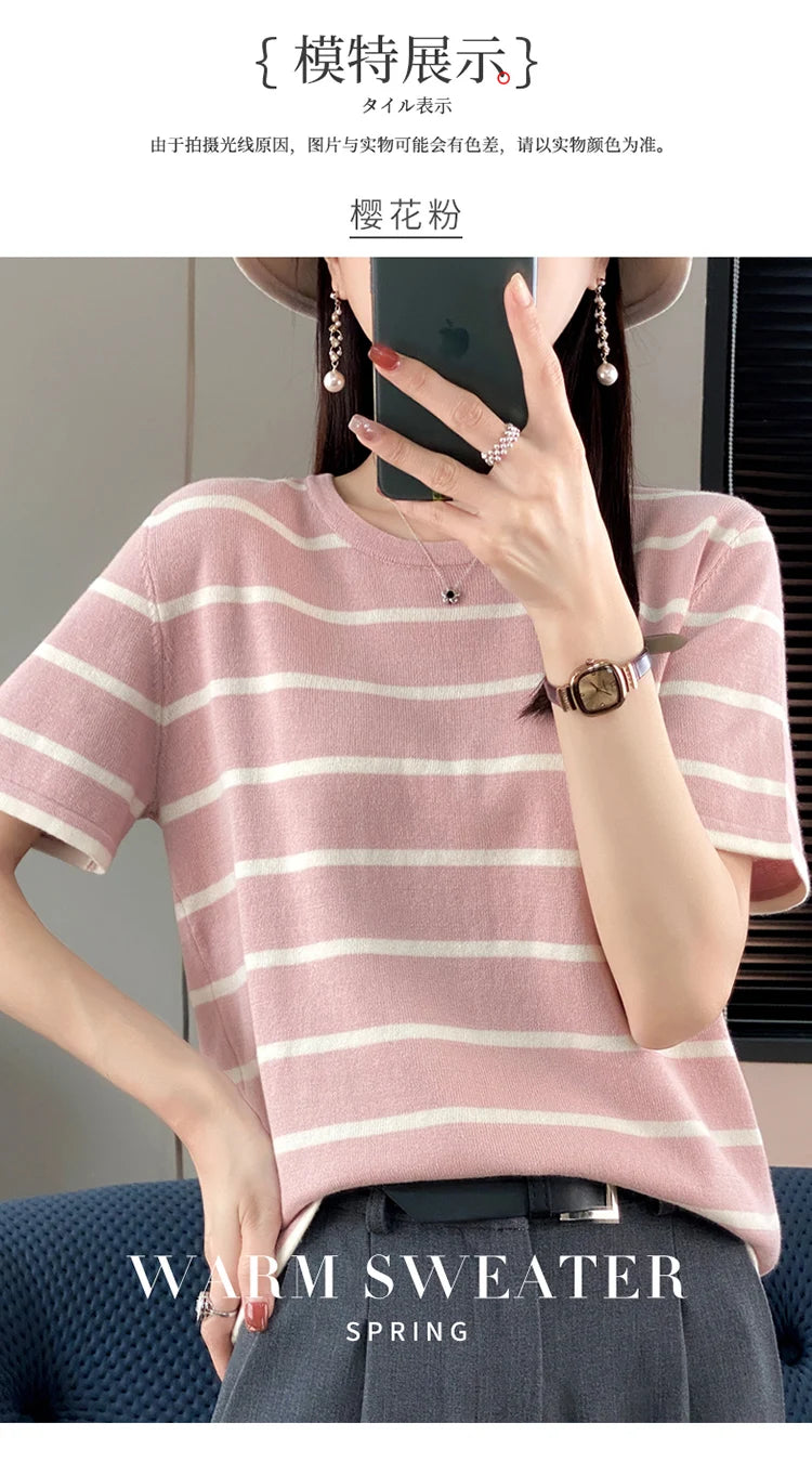 RONGYI Spring And Summer 100% Cotton Women's O-Neck Pullover Short Sleeve T-Shirt Striped Knitting Fashion Casual Spacious Top