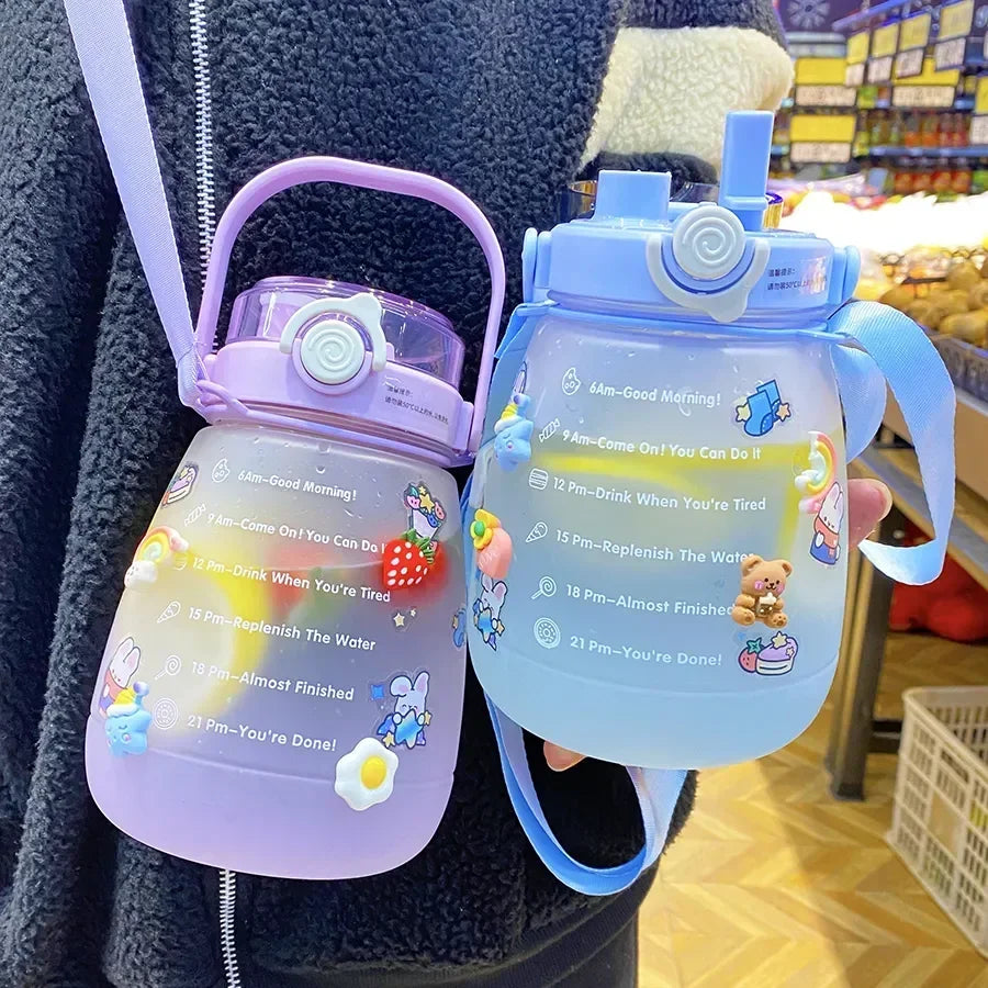 1/4PCS Large Capacity Frosted Mug Travel Portable Sports Bottle Plastic Cup Handheld Shoulder Strap Water Bottle Straw Mug