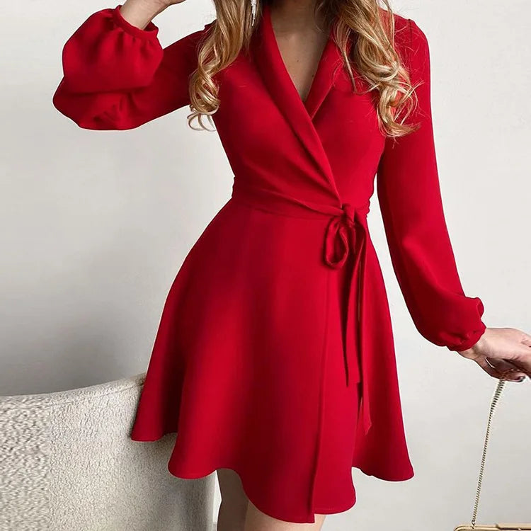 Women Summer Style One-piece Color Blocked Lace Up Dress With V-neck Long Sleeved High Waisted Lace Up Retro Floral Short Skirt
