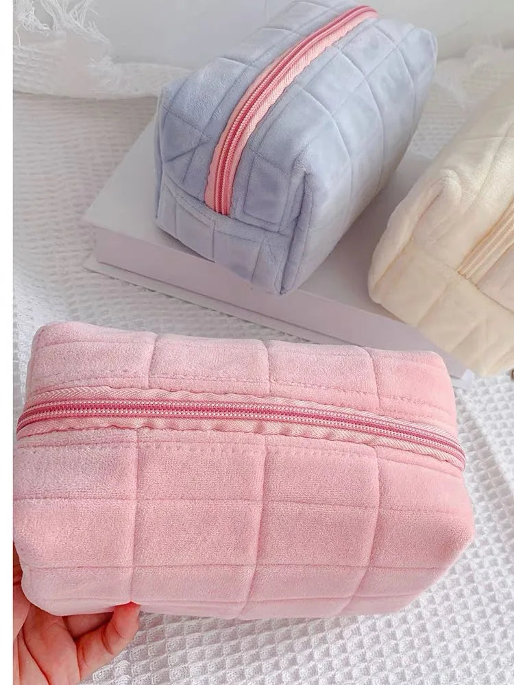 Women Zipper Fur Cosmetic Storage Bag Large Solid Makeup Organizer Handbag Stationery Pencil Case Travel Make Up Toiletry Punch