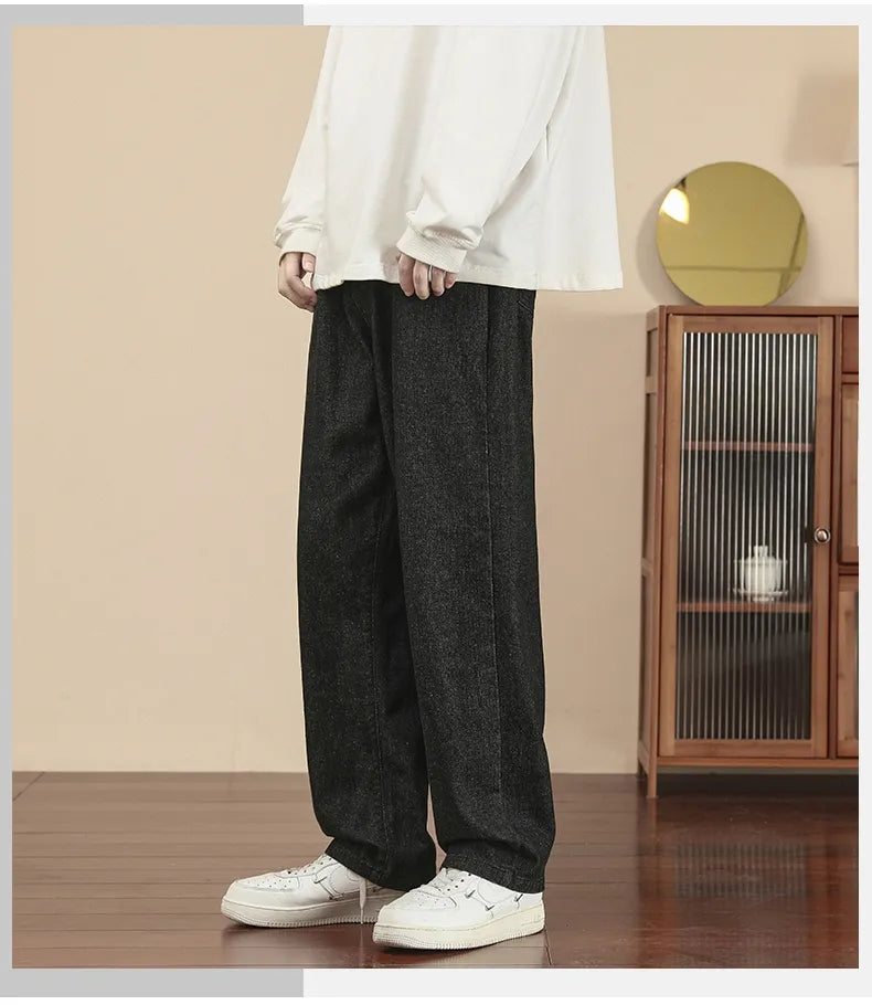 New Korean Fashion Men's Casual Ankle-Length Jeans Classic Man Straight Denim Wide-leg Pants Light Blue Grey Black 3XL