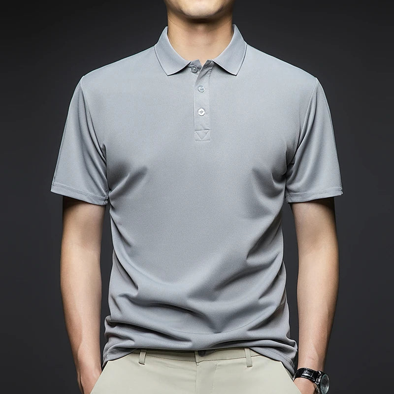 Men's Fashion Solid Short Sleeved Striped Lapel Polo Shirt Summer Breathable Comfortable Top