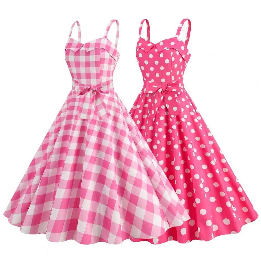 Women Vintage Barbiee Pink Plaid Dress Retro Rockabilly Strap Suspenders Cocktail Party 1950s 40s Swing Dress Summer Dresses