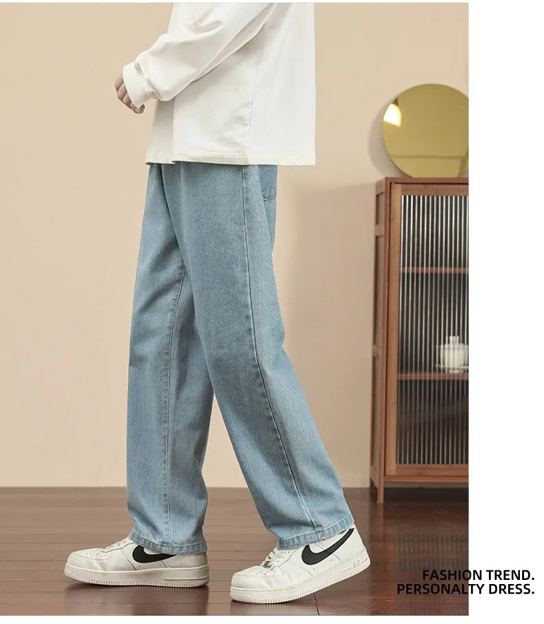 New Korean Fashion Men's Casual Ankle-Length Jeans Classic Man Straight Denim Wide-leg Pants Light Blue Grey Black 3XL