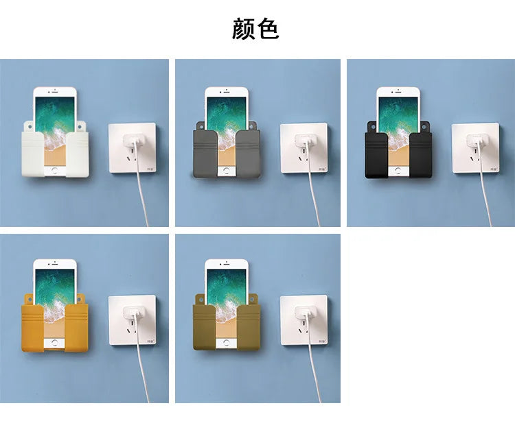 Wall Mounted Phone Holder for IPhone Punch Free Wall Mobile Phone Charging Stand Lazy Sticky Remote Control Storage Box Bracket