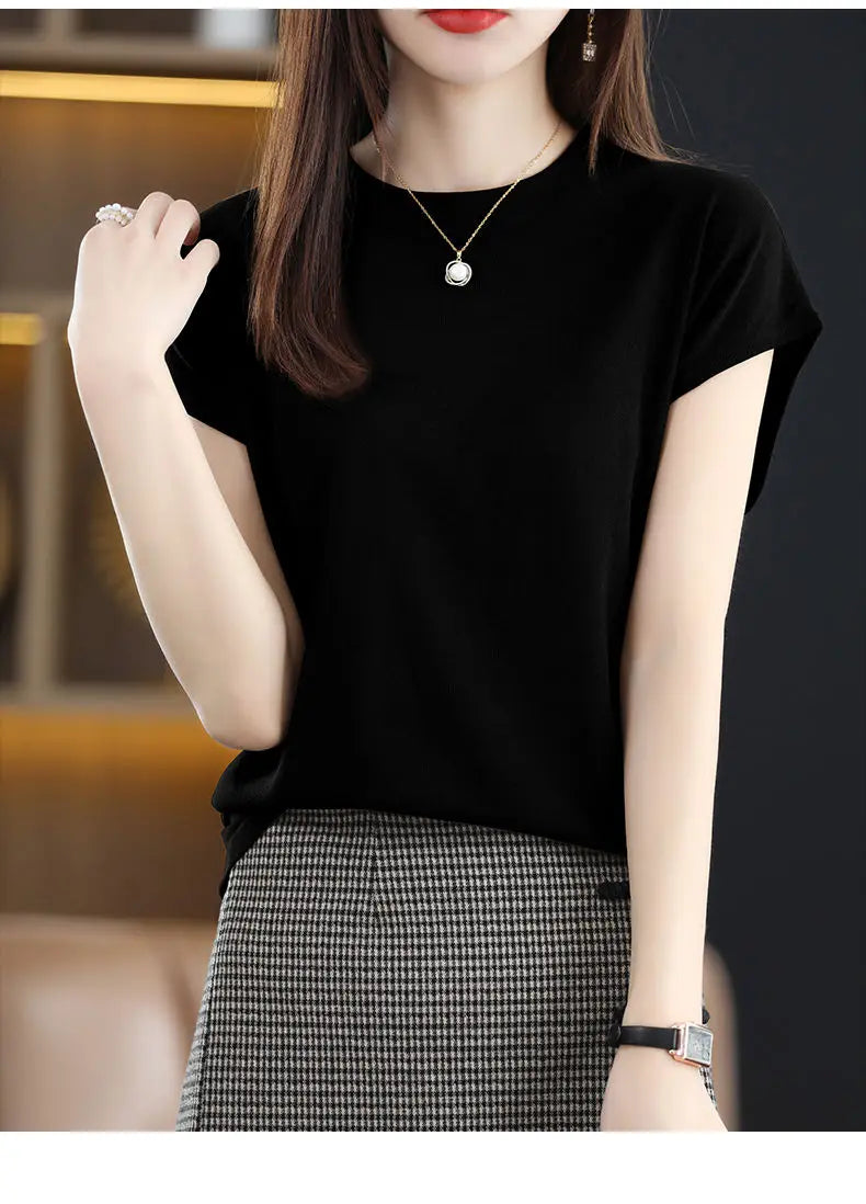 Fashion Solid Color Knitted Loose Korean T-Shirt Women's Clothing 2023 Spring New Casual Pullovers All-match Tee Shirt