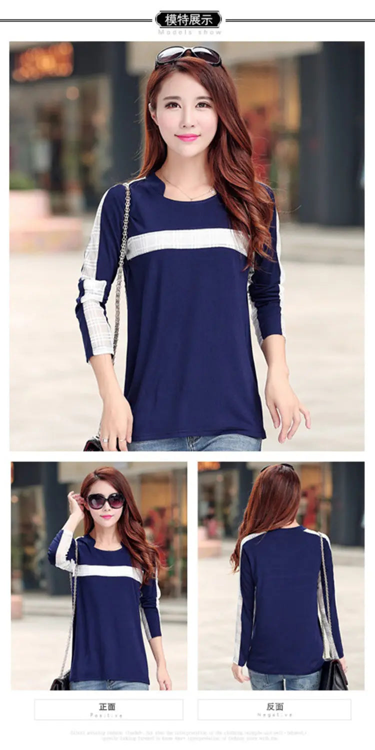 O-Neck Dark Blue Pure Cotton Long Sleeve Hollow Out Top Tee Gold Stripe Pattern Street Leisure Style White Plaid T-Shirts Ladies