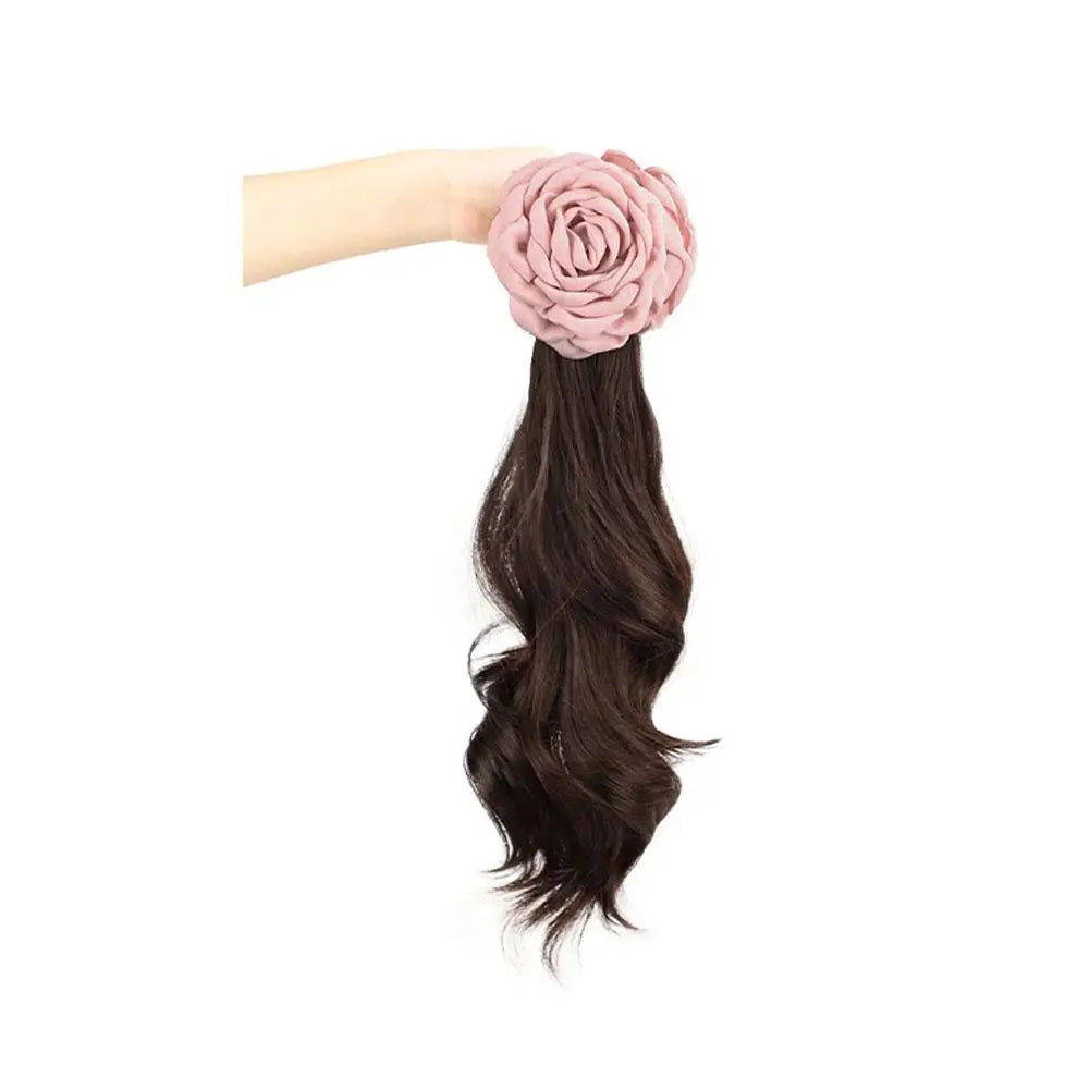 A Ponytail Wig For Women With Rose Hair Clips And High-temperature Silk Long Hair With Large Wave Ties And Ponytail Braids