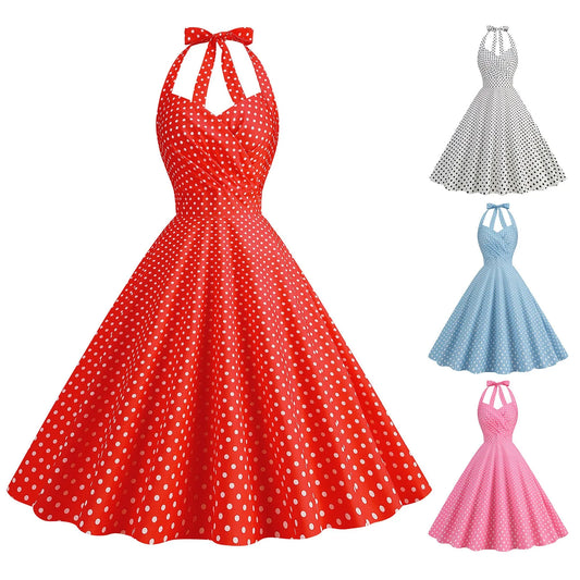 Polka Dot Hepburn Style 50s 60s Vintage Dress A-Line Backless Halter Pin Up Rockabilly Dress Women Summer Retro Party Vestidos
