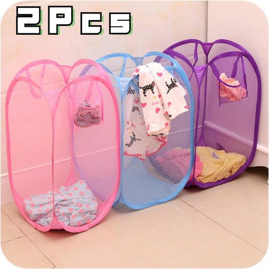 Hot 2PCS Folding Household Laundry Storage Basket Mesh Dirty Clothes Storage BasketToy Storage Bag Household Storage Bucket