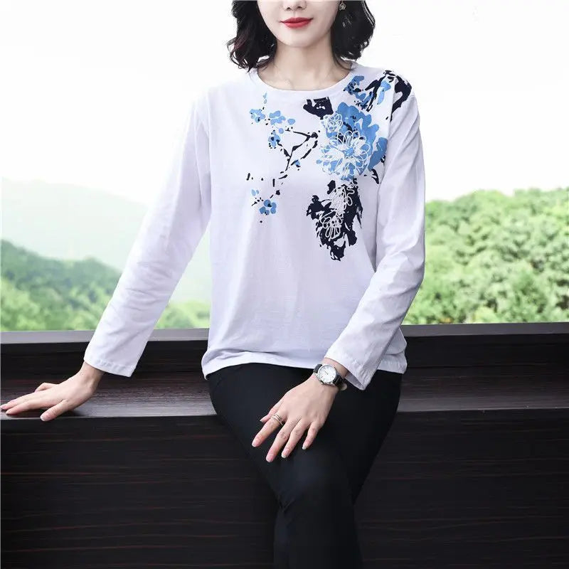 Spring Autumn New Fashion Pure Cotton T-Shirts Women's Clothing Printing Round Neck Long Sleeve Tees Loose Simplicity Thin Tops